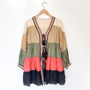 Anthropologie Let Me Be Indria Tiered Color Block Long Sleeve Ramie Tie Tassel